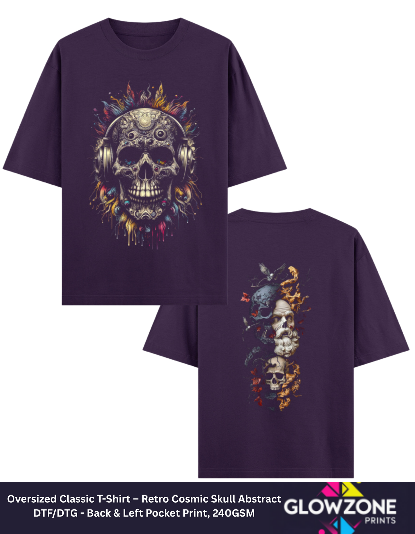 Oversized Classic T-Shirt – Retro Cosmic Skull Abstract Purple GlowZonePrints