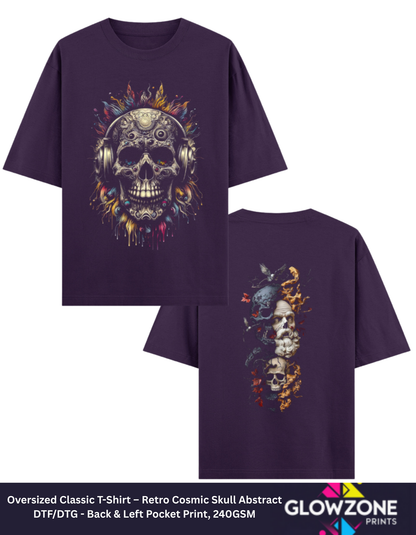 Oversized Classic T-Shirt – Retro Cosmic Skull Abstract Purple GlowZonePrints