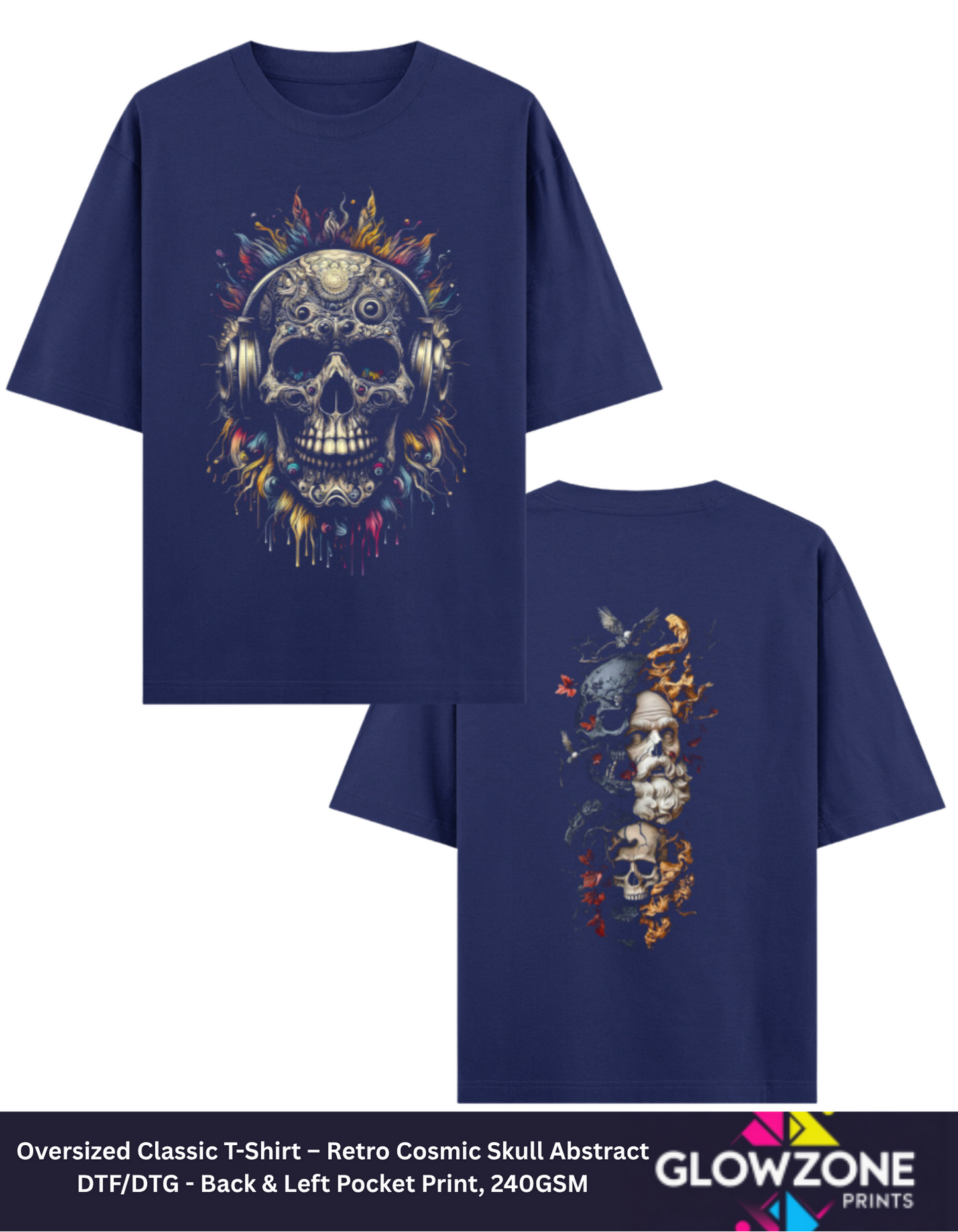 Oversized Classic T-Shirt – Retro Cosmic Skull Abstract Royal Blue GlowZonePrints