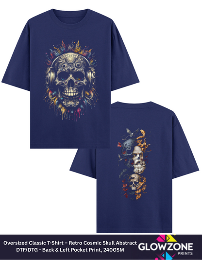 Oversized Classic T-Shirt – Retro Cosmic Skull Abstract Royal Blue GlowZonePrints