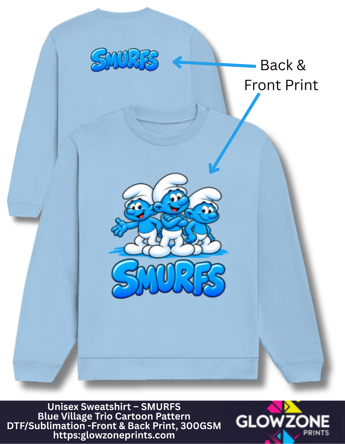 Unisex Sweatshirt – Blue Village Trio Cartoon Pattern