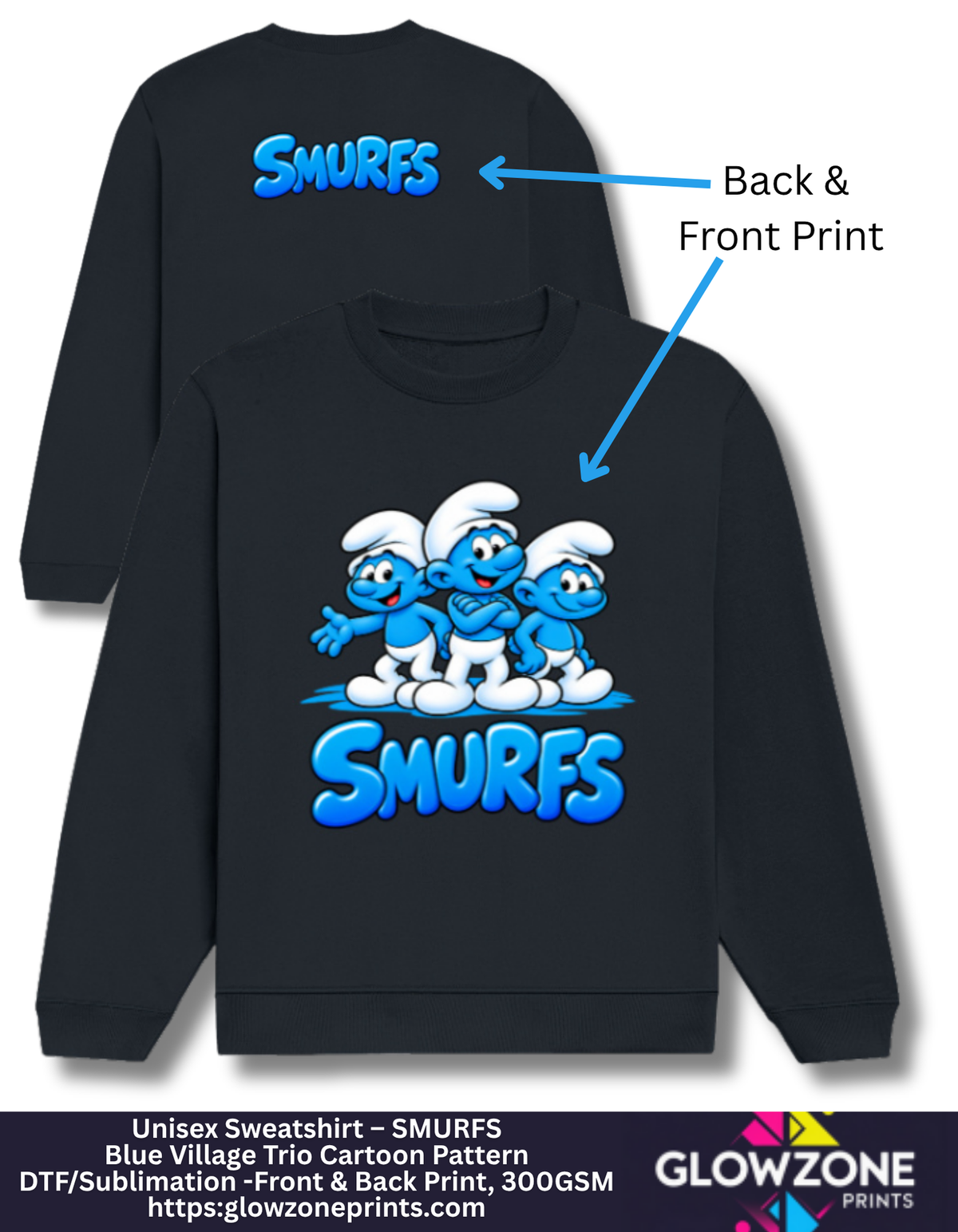 Unisex Sweatshirt – Blue Village Trio Cartoon Pattern