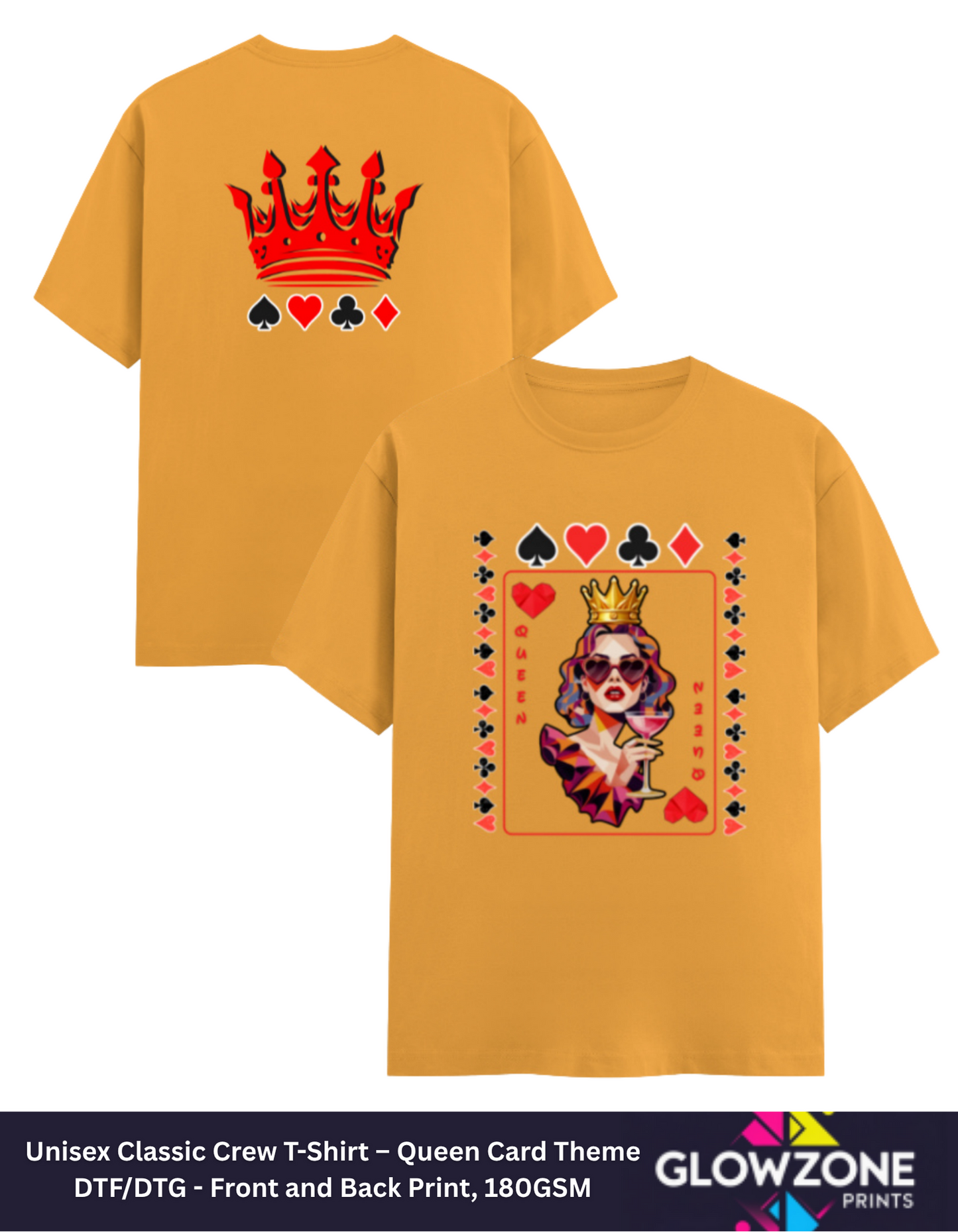 Unisex Classic Crew T-Shirt – Queen Card Theme Golden Yellow GlowZonePrints