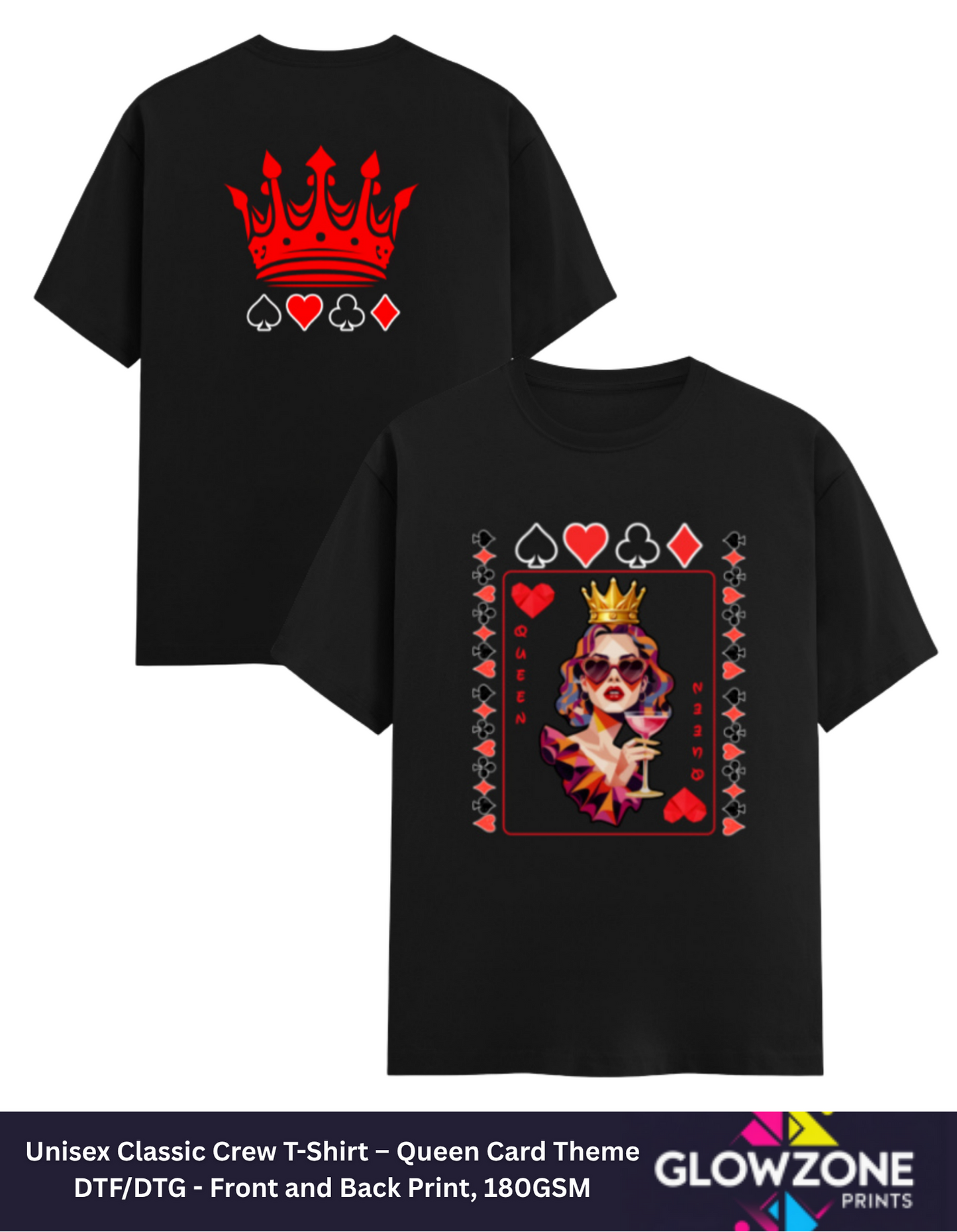 Unisex Classic Crew T-Shirt – Queen Card Theme Black GlowZonePrints