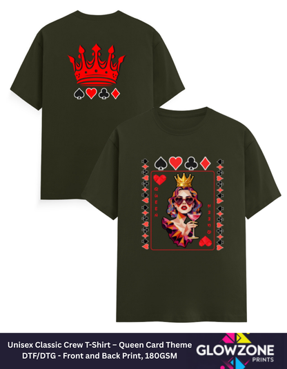 Unisex Classic Crew T-Shirt – Queen Card Theme Olive Green GlowZonePrints