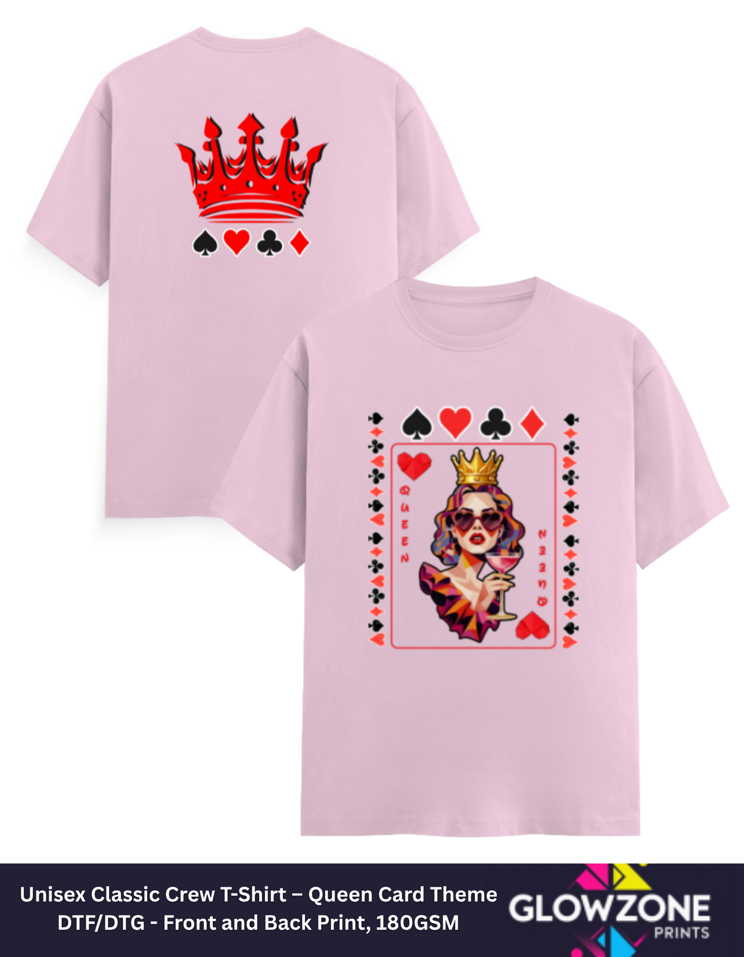 Unisex Classic Crew T-Shirt – Queen Card Theme Light Baby Pink GlowZonePrints