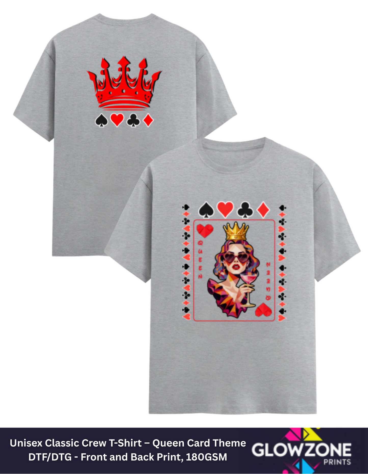 Unisex Classic Crew T-Shirt – Queen Card Theme Grey Melange GlowZonePrints