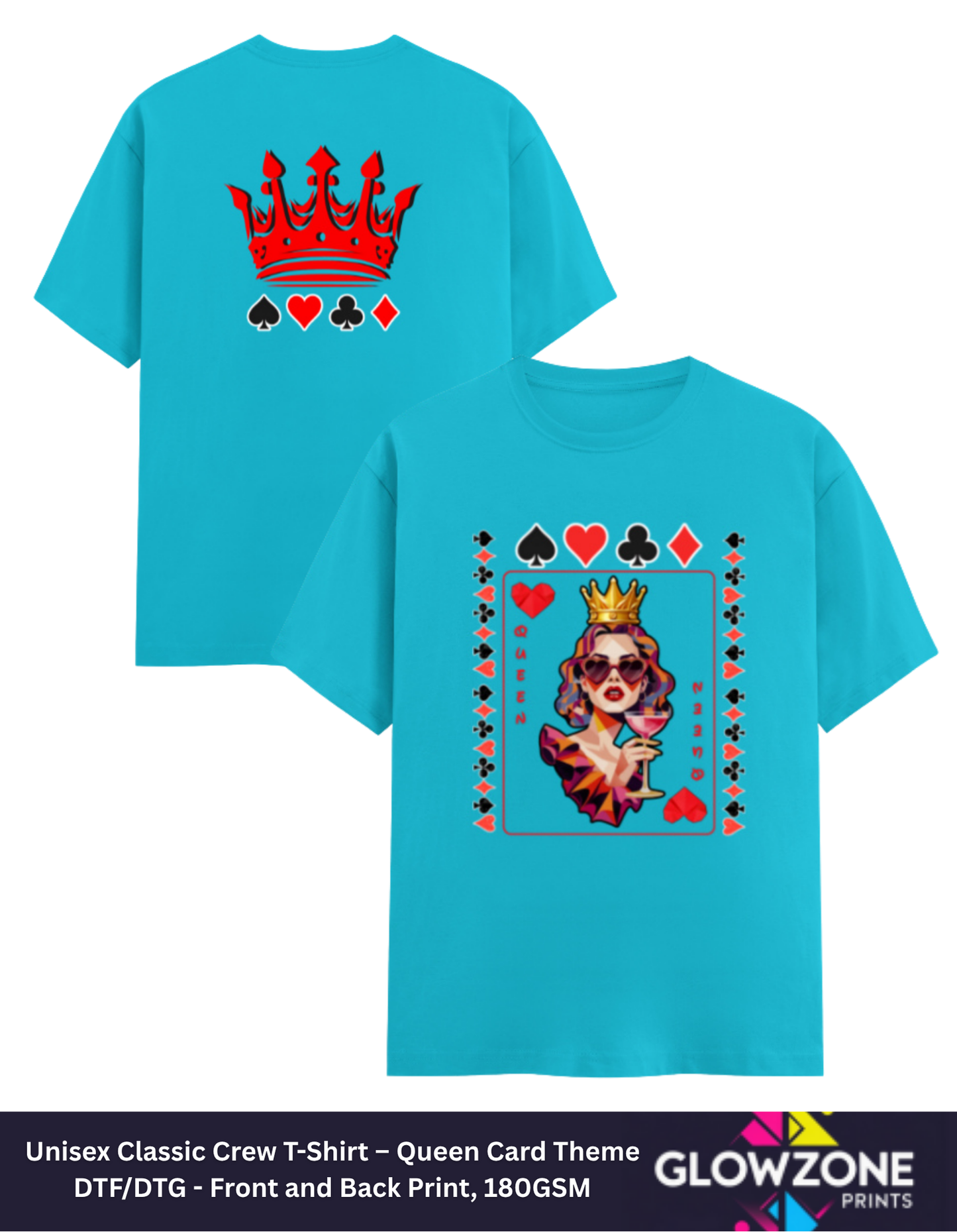 Unisex Classic Crew T-Shirt – Queen Card Theme SkyBlue GlowZonePrints