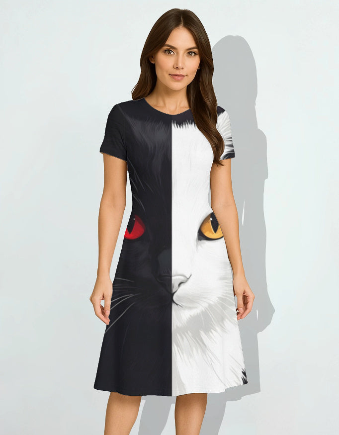 Black and White Cat AOP A line Dress Black And White Cat GlowZonePrints