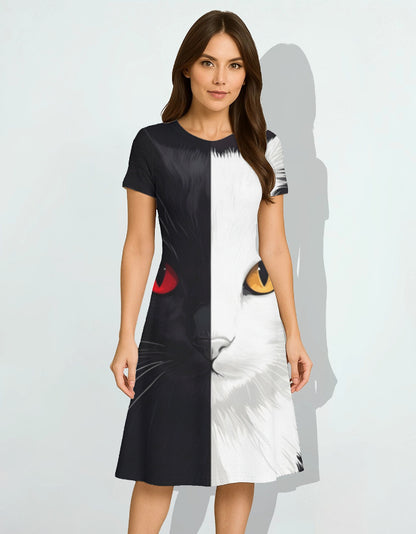 Black and White Cat AOP A line Dress Black And White Cat GlowZonePrints